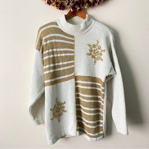 White Gold Snowflake Holiday Mock Neck Sweater
